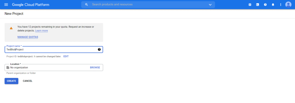 Google console new project