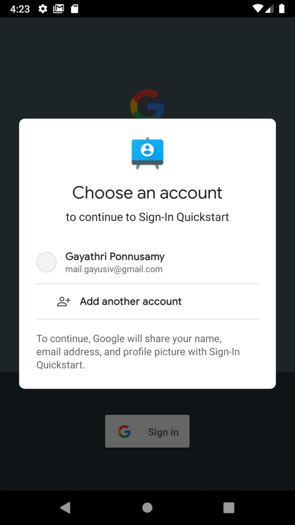 Google Sign-In select account dialog Android